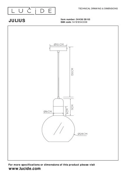 Lucide JULIUS - Hanglamp - Ø 28 cm - 1xE27 - Fumé - technisch